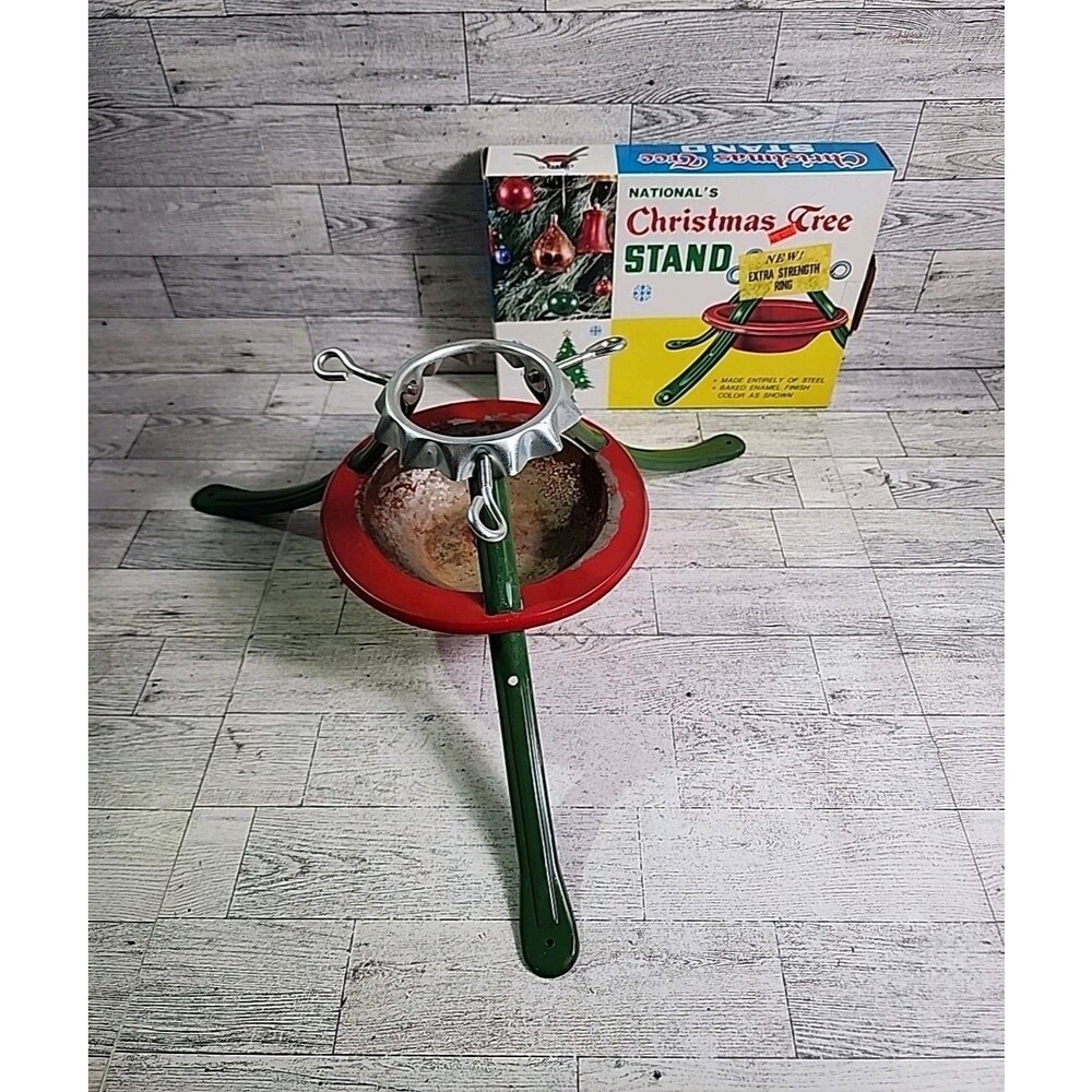 National's Christmas Tree Stand Vintage 1970s Boxed Red Green Steel Enamel